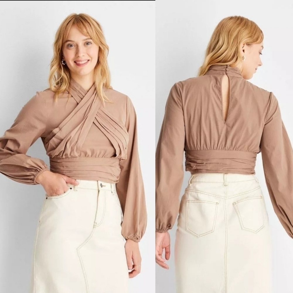Future Collective Women's Long Sleeve Mock Neck Cross-Front Top Size XL Tan NWT